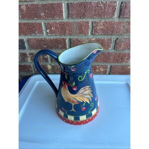 Rooster Farm House Style water pitcher jug blue with‎ cherries